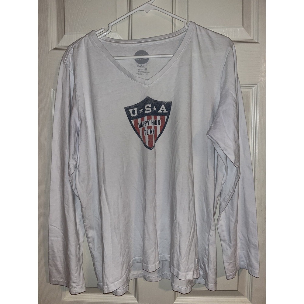 Life is Good Original Style‎ White USA Women's XL Long Sleeve Happy Hour T-Shirt